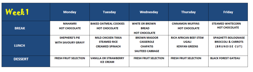 Potterhouse school week 1 menu