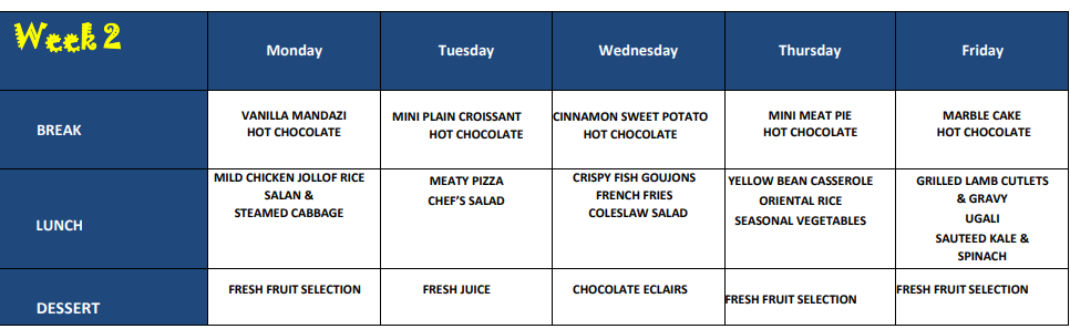 Potterhouse School Menu Week 3